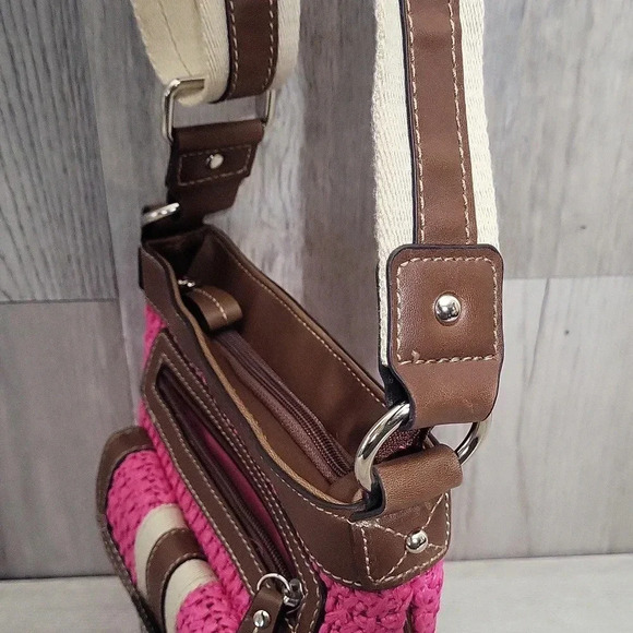 Chaps‎ Pink Brown Woven Faux Leather Multi Pocket Crossbody Bag - Picture 13 of 16